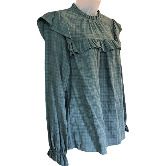 Universal Threads Green/Blue Plaid Ruffled Shirt Sz Small Prairie Cottagecore - Picture 10 of 14